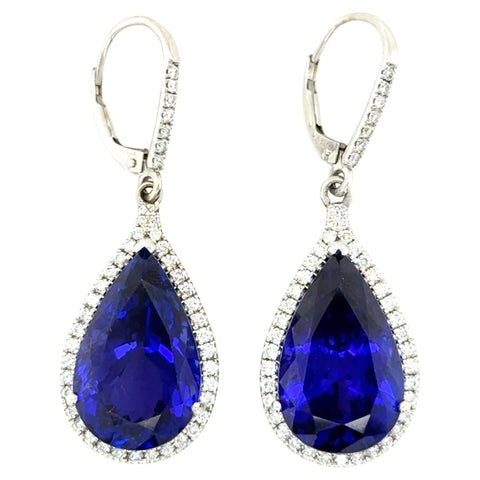 25.35 Carat Tanzanite and Diamond Drop Earrings, 14K White Gold
