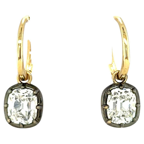 3.00 Carats Old Mine Cut Diamond Drop Hoop Earrings