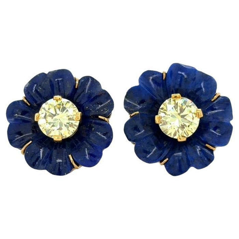 1970, 3.98 Ct Fancy Yellow Diamond and Lapis Lazuli Flower Earrings