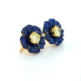1970, 3.98 Ct Fancy Yellow Diamond and Lapis Lazuli Flower Earrings