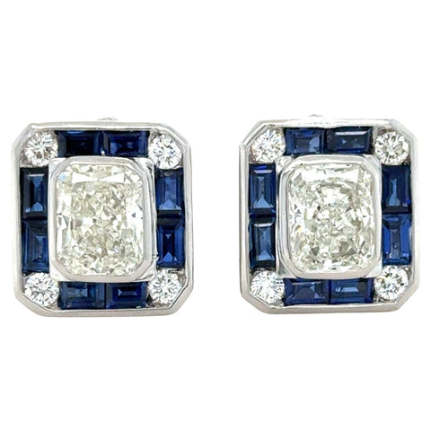 4.34 Carat Radiant Cut Diamond and Sapphire Stud Earrings
