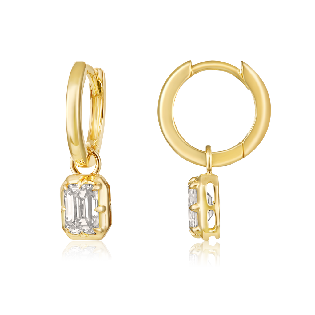14K Gold 0.8ct Natural Diamond Emerald Drop Hoop Earrings