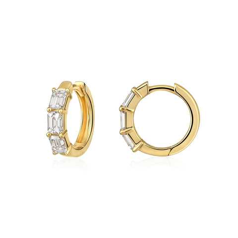 14K Gold 1ct Natural Diamond Emerald Three-Stone Huggie Hoops Earrings