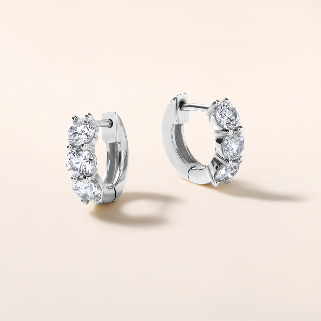 14K Gold 1.4ct Natural Diamond 3 Stone Chunky Huggie Earrings