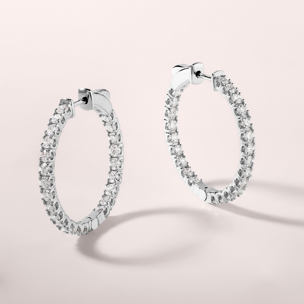 14K Gold 2ct Natural Diamond Round Inside Out 26mm Hoop Earrings