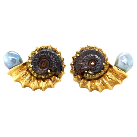 Elizabeth Gage, Ammonite and Cultured Tahitian Pearl Nautilus Shell Earrings