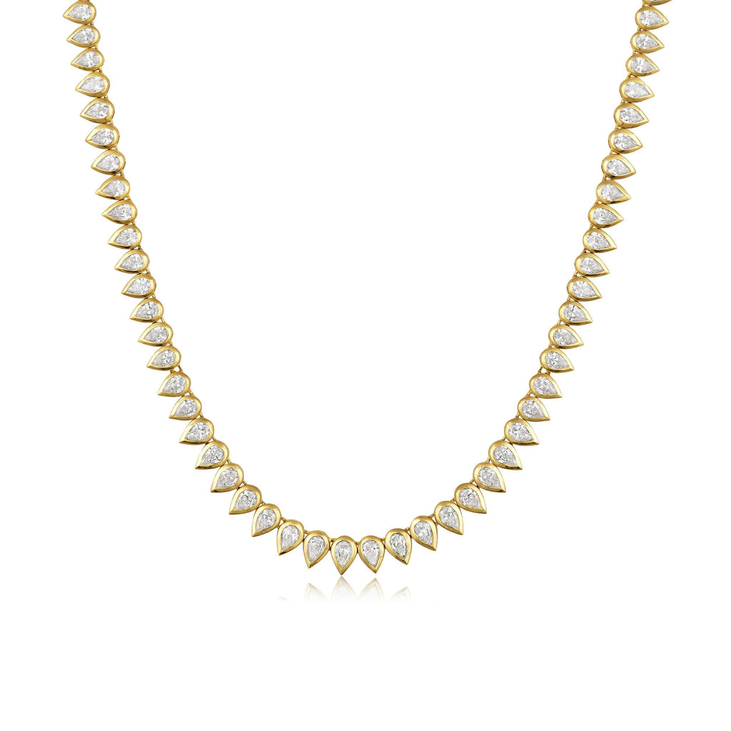 14K Gold 9.4ct Natural Diamond Pear Bezel Spike Tennis Necklace