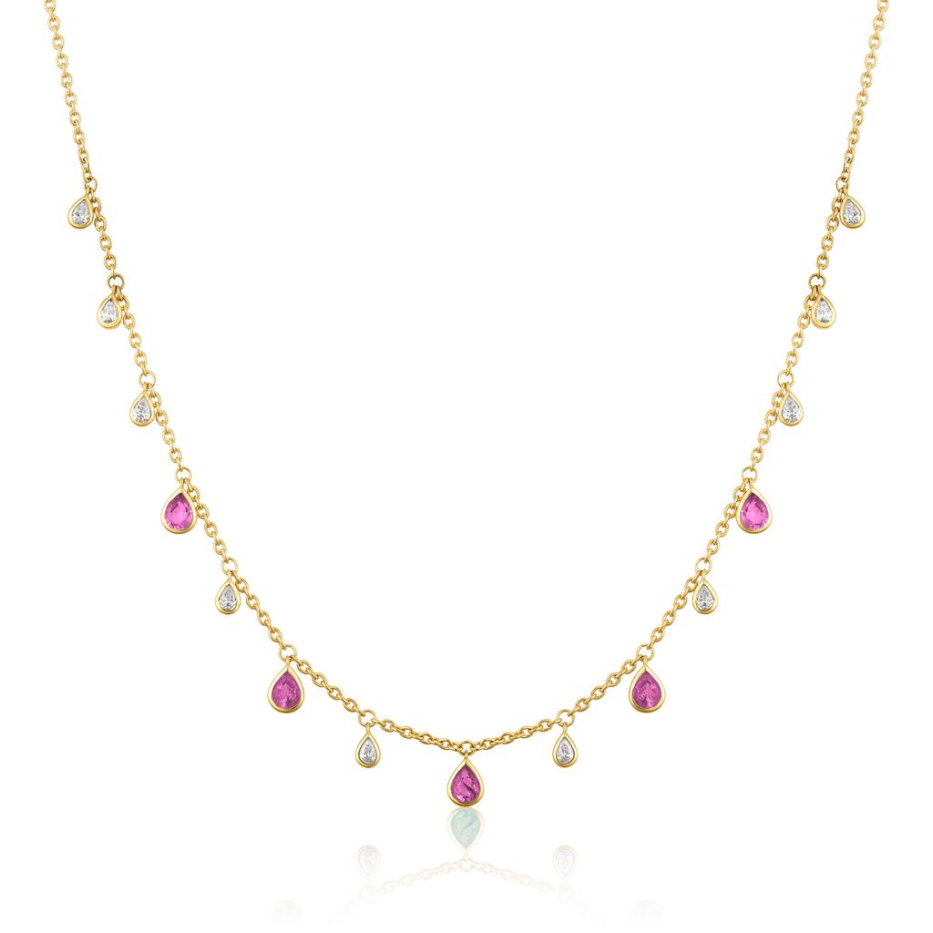 14K Gold 1.6ct Natural Diamond Pink Sapphire Pear Bezel Fringe Station Necklace