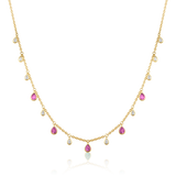 14K Gold 1.6ct Natural Diamond Pink Sapphire Pear Bezel Fringe Station Necklace