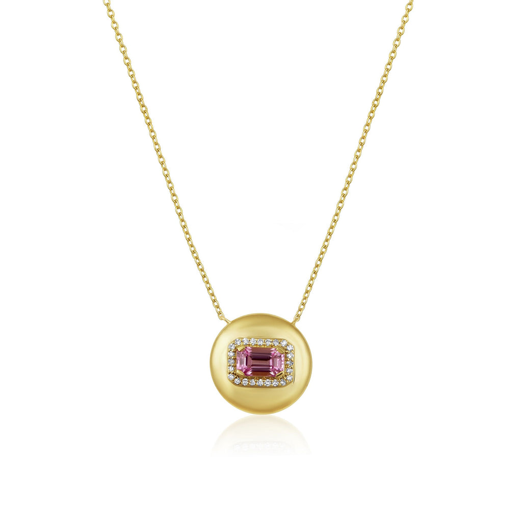 14K Gold 0.5ct Natural Diamond Pink Sapphire Emerald Halo Dome Necklace