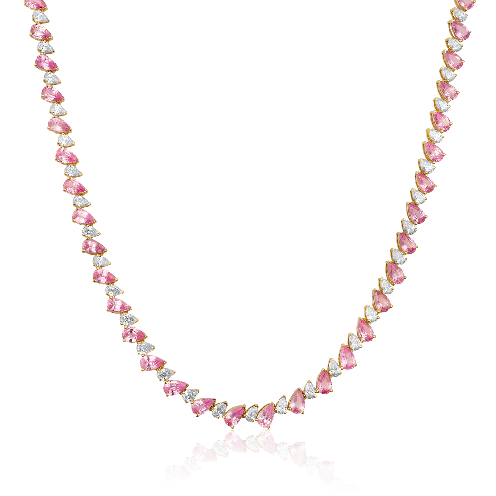 14K Gold 12.3ct Natural Diamond Pear Pink Sapphire Tennis  Necklace