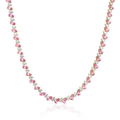 14K Gold 12.3ct Natural Diamond Pear Pink Sapphire Tennis  Necklace