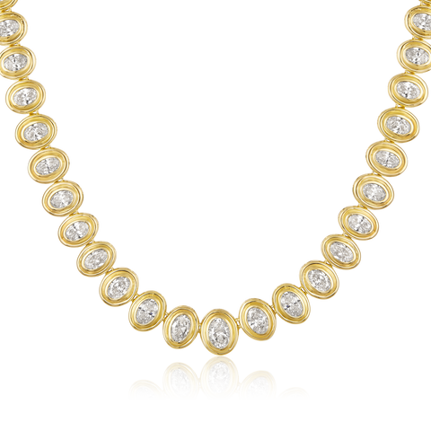 14K Gold 8.4ct Natural Diamond Oval Bezel Tennis  Necklace