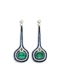 6.66 Carat Emerald, Sapphire and Diamond Drop Earrings, 18K White Gold
