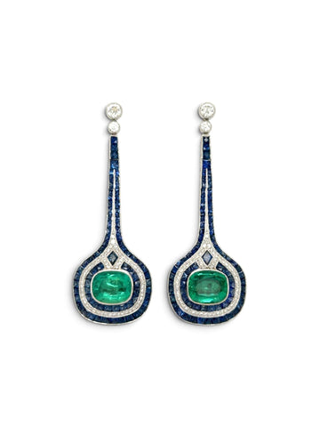 6.66 Carat Emerald, Sapphire and Diamond Drop Earrings, 18K White Gold