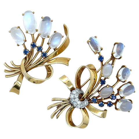 Raymond C. Yard Retro Yellow Moonstone, Sapphire and Diamond Brooches