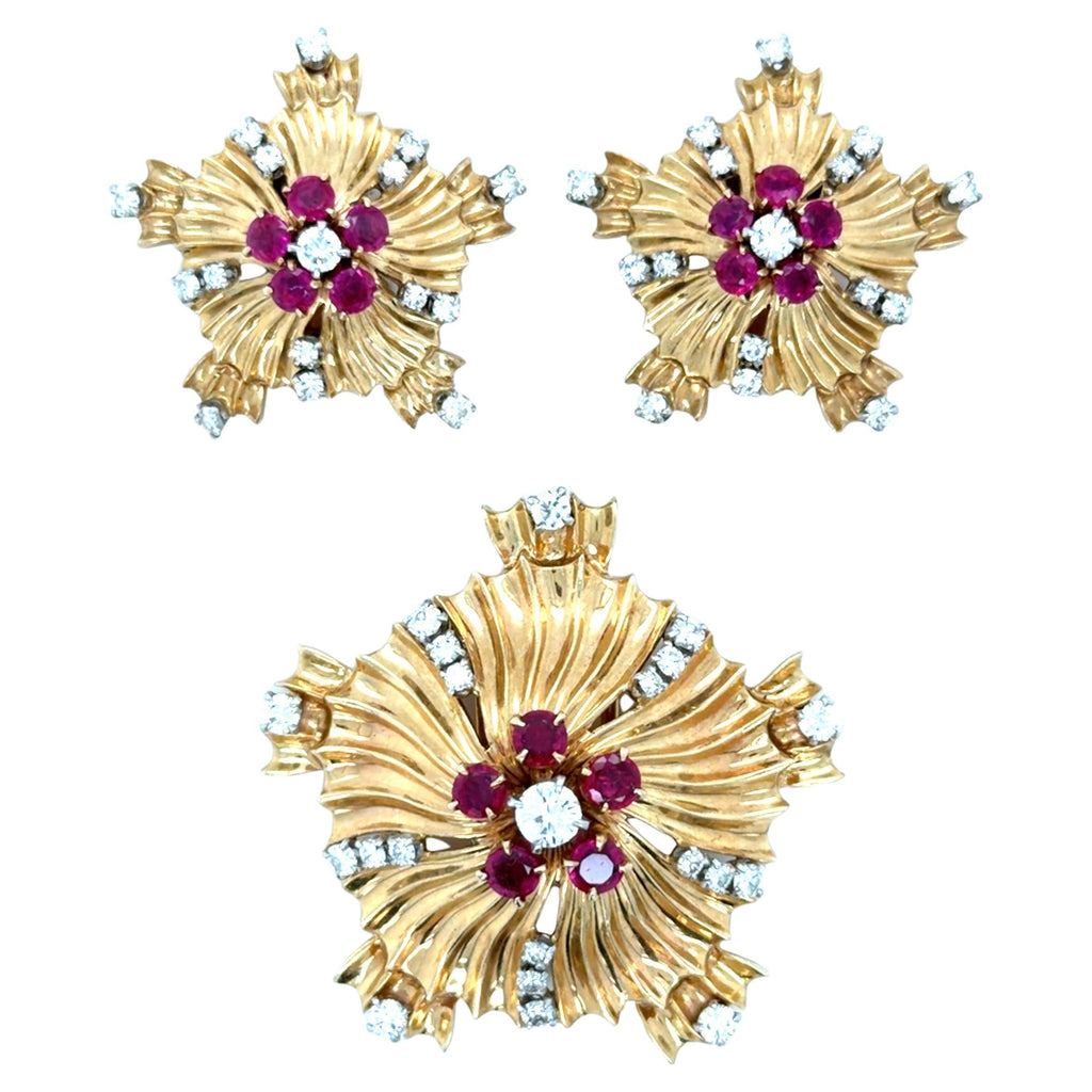 Retro, Ruby and Diamond Star Set, 14K Yellow Gold