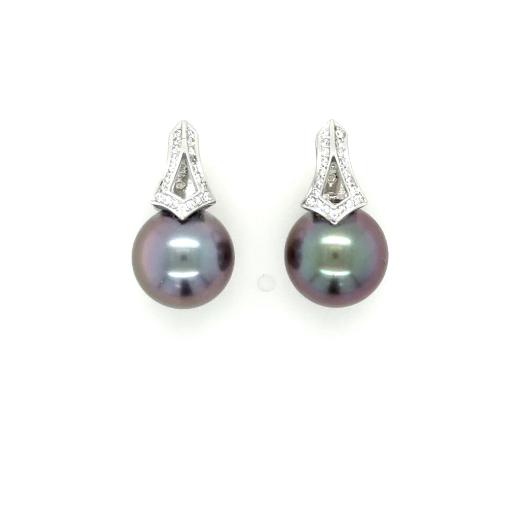 Mikimoto, 18 Karat White Gold, Cultured South Sea Pearl and Dianond Earrings