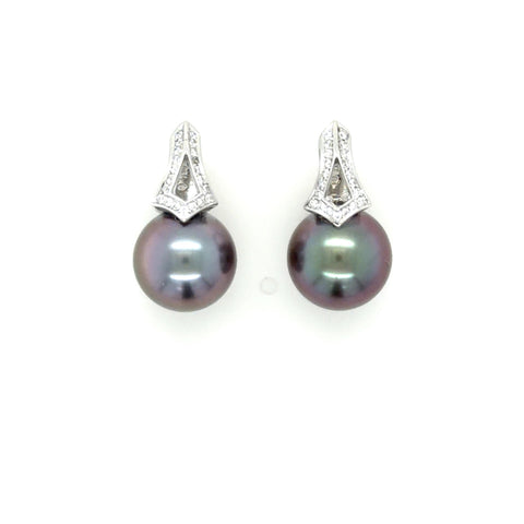Mikimoto, 18 Karat White Gold, Cultured South Sea Pearl and Dianond Earrings