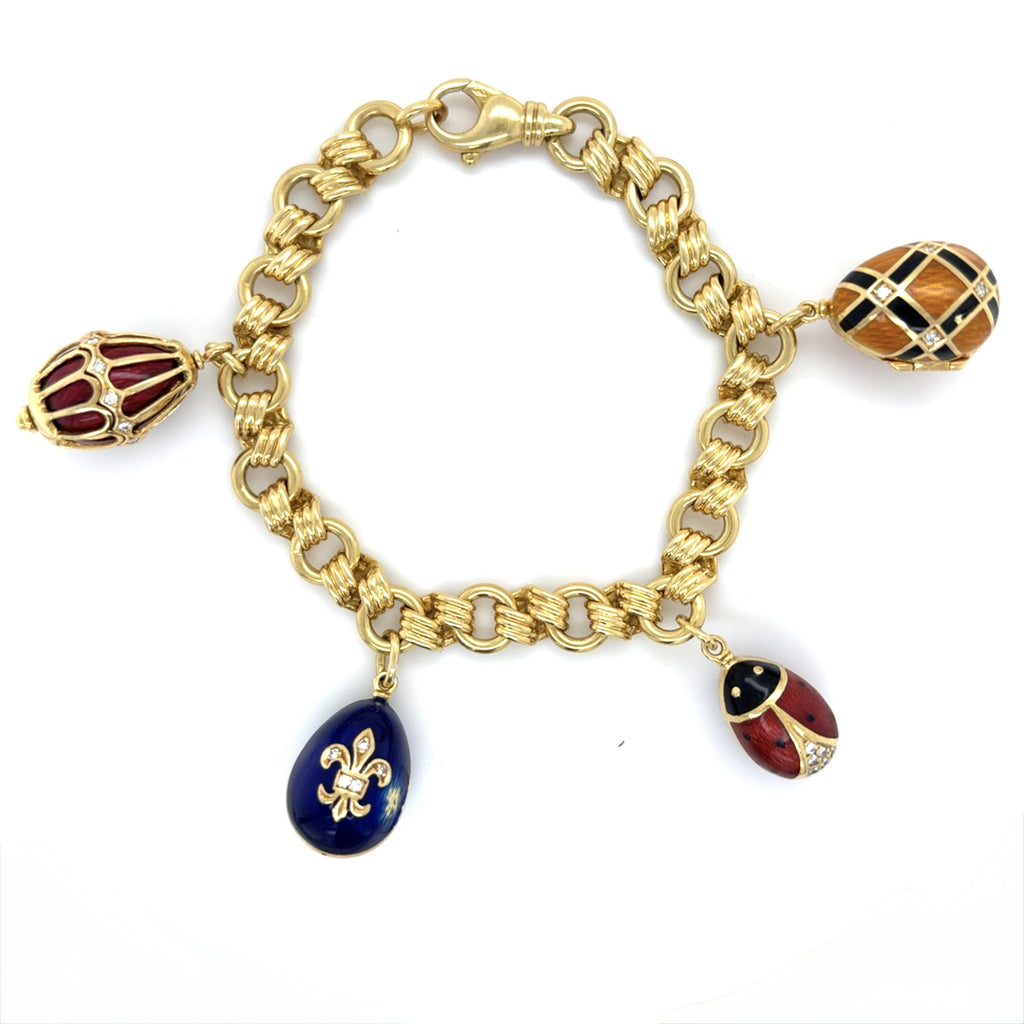 Fabergé, 18K Yellow Gold and Enamel Egg Charm Bracelet
