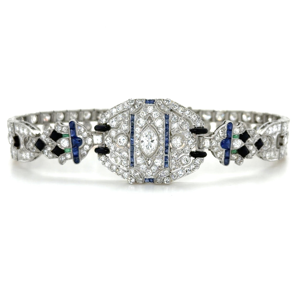 Art Deco, 14.50 Carats Diamond, Sapphire and Emerald Bracelet, Platinum