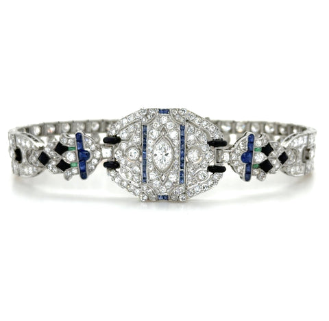 Art Deco, 14.50 Carats Diamond, Sapphire and Emerald Bracelet, Platinum