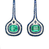 6.66 Carat Emerald, Sapphire and Diamond Drop Earrings, 18K White Gold