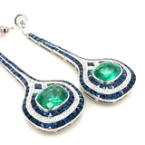6.66 Carat Emerald, Sapphire and Diamond Drop Earrings, 18K White Gold