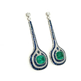 6.66 Carat Emerald, Sapphire and Diamond Drop Earrings, 18K White Gold