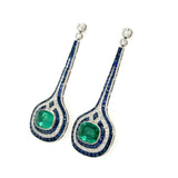 6.66 Carat Emerald, Sapphire and Diamond Drop Earrings, 18K White Gold