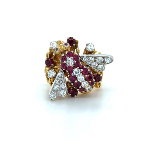 Vintage Herbert Rosenthal, Ruby and Diamond Bee Ring, 18K Yellow and White Gold